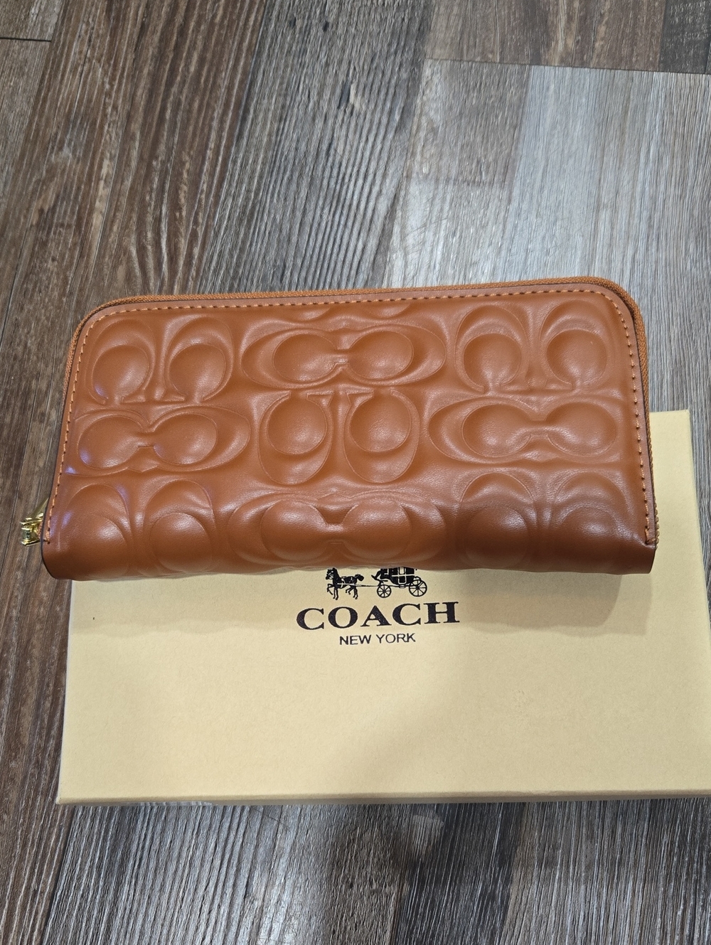 Coach Cognac Embossed Leather Zip Card Wallet